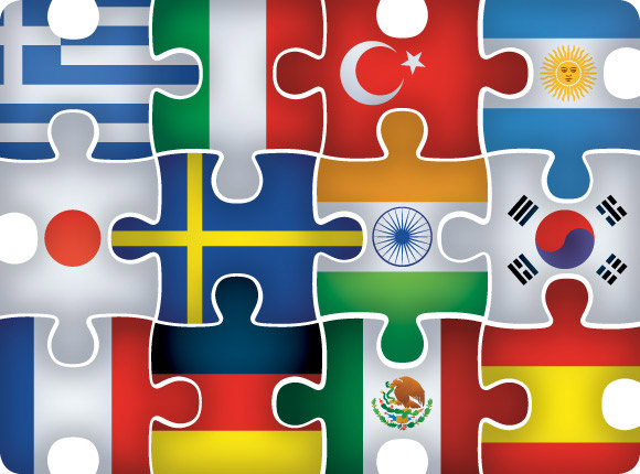Puzzle pieces with different country flags on them